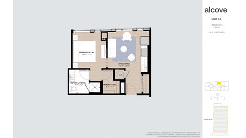 Floor plan for 1 bed, 1 bath, 516 sqft